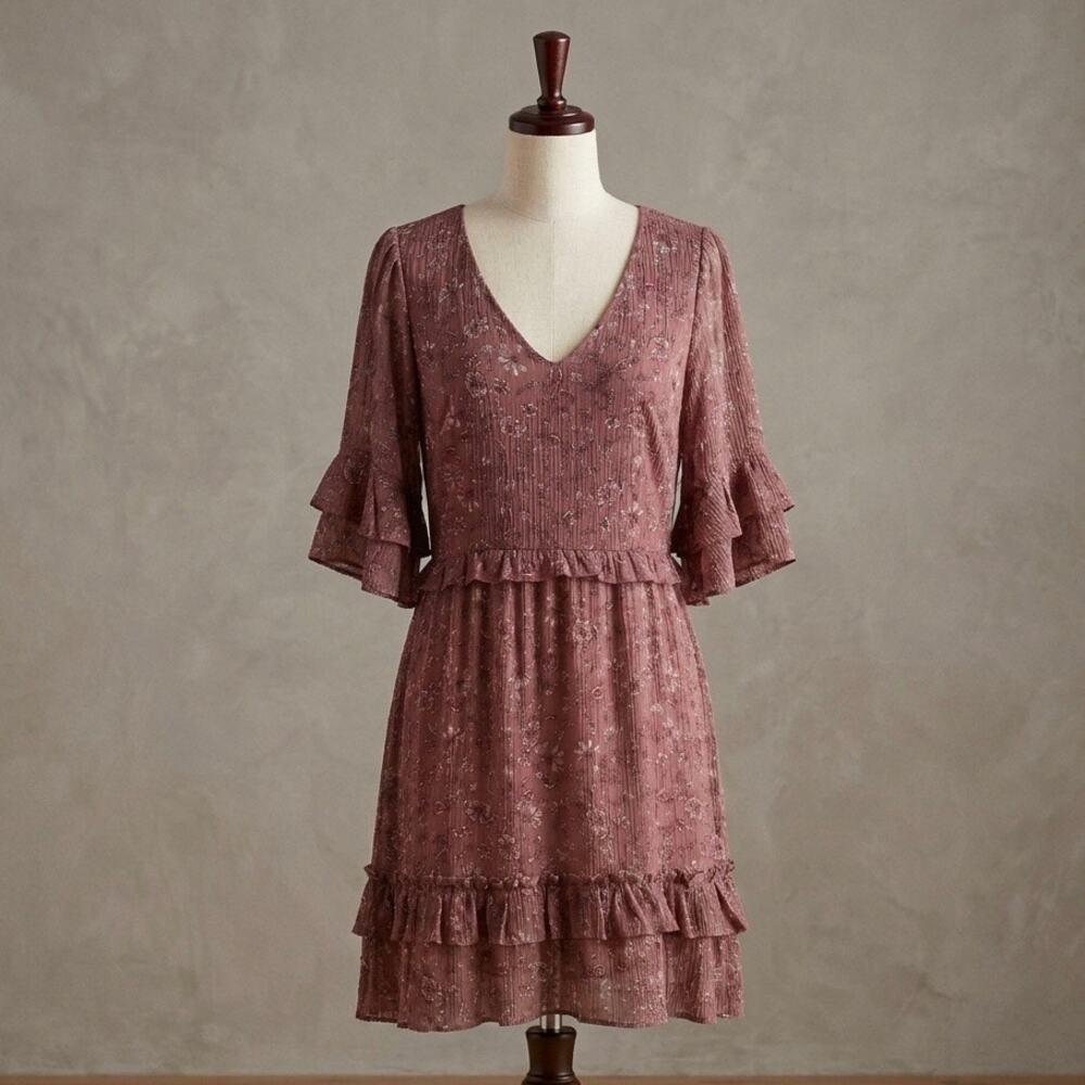Dusty Rose Floral Ruffle Tiered Mini Dress S Boho Festival Cottage Western